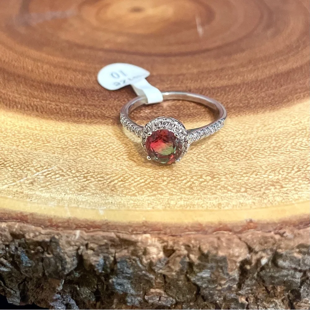Watermelon Topaz and CZ Halo Ring 18K White Gold Filled Size 10